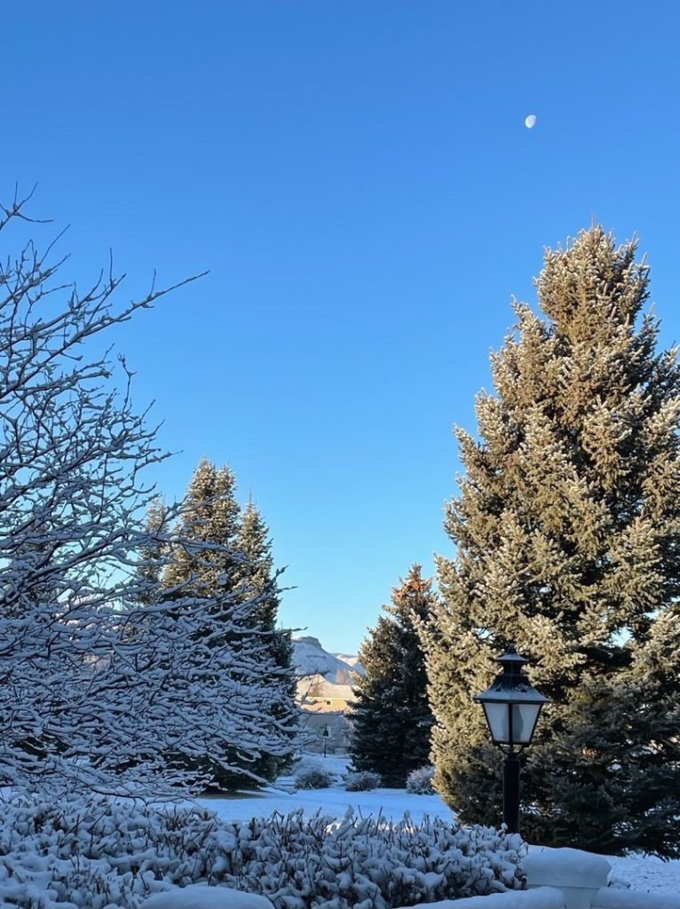 A crescent moon hangs in a clear blue sky above a snowy winter scene