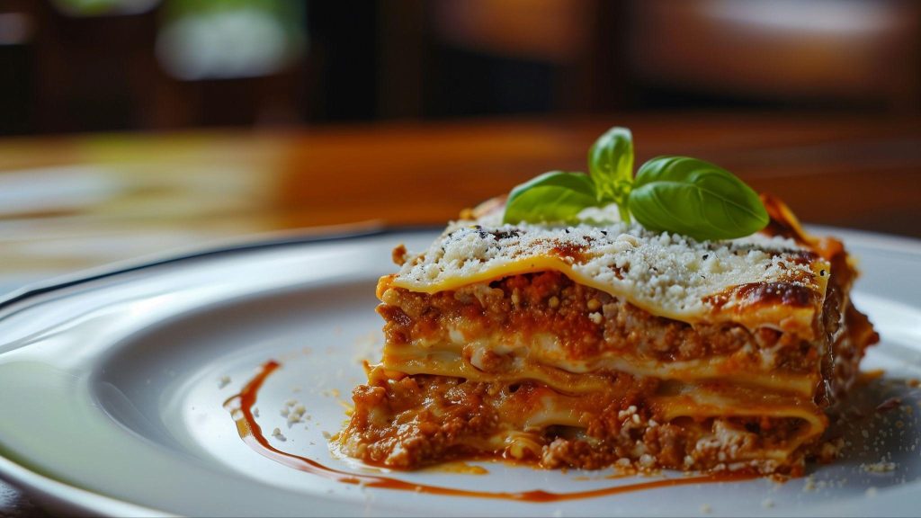 A cooked and prepared lasagna from scratch recipe.
