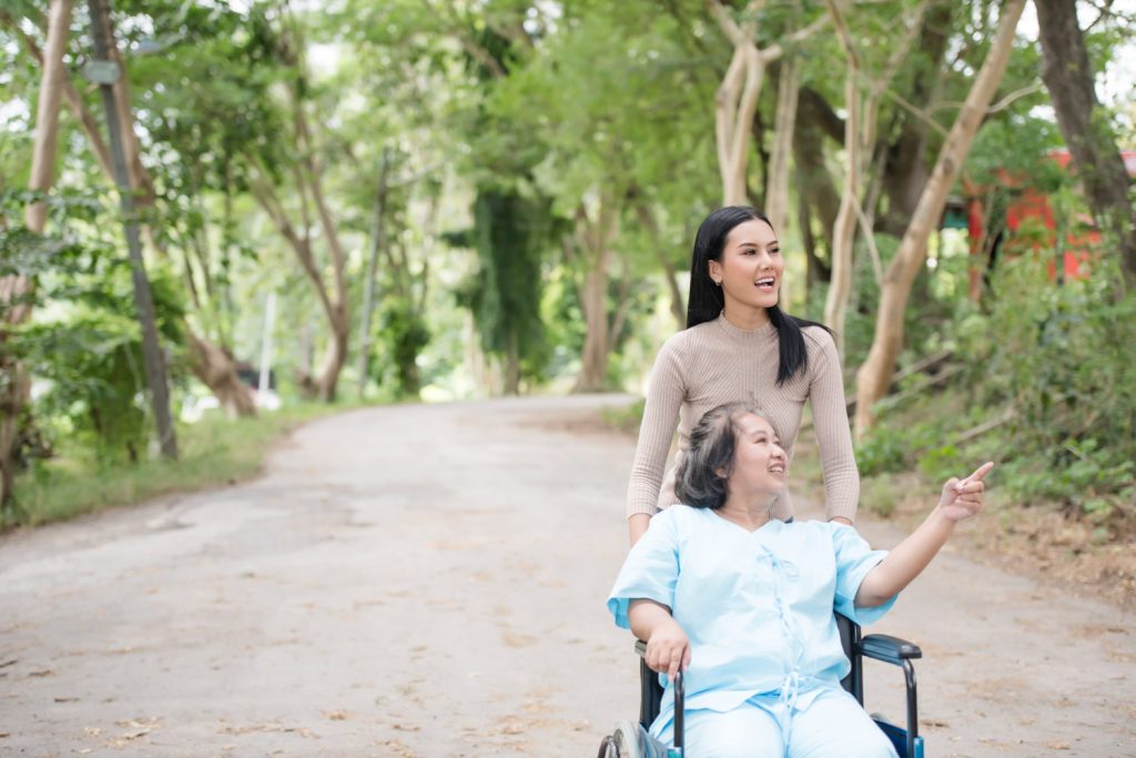 A mother and daughter strolling