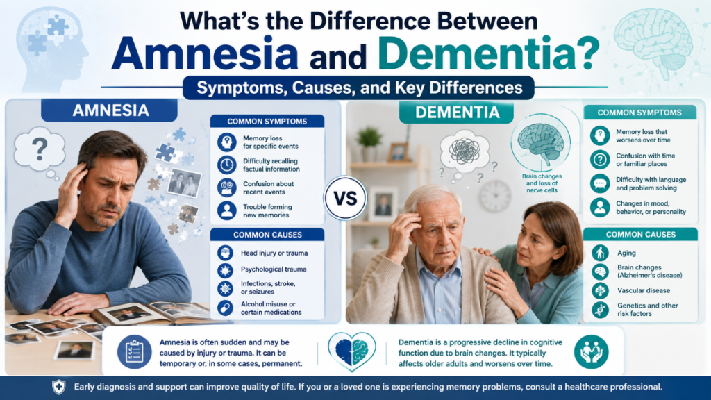 What's the Difference Between Amnesia and Dementia? Symptoms, Causes, and Key Differences