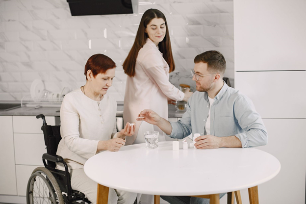 Adult children taking care of mother.